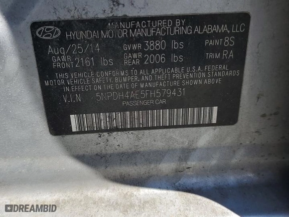 2015 Hyundai Elantra SE with VIN 5NPDH4AE5FH579431, listed as a Copart auction lot 53095335 with 183,269 mi miles and Clean Title. Bid and sale history available at carsss.com. Image 12.
