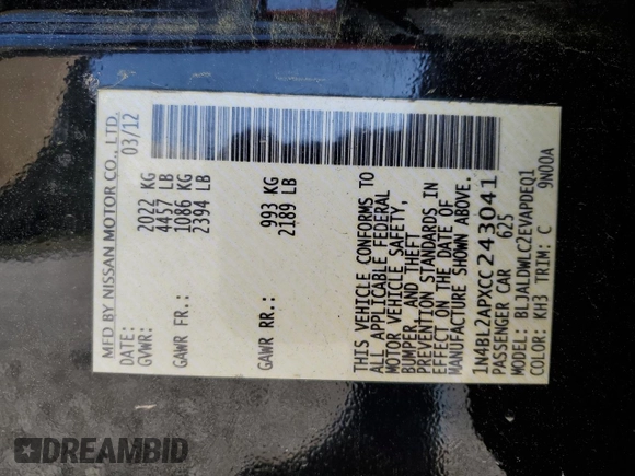 2012 Nissan Altima SR with VIN 1N4BL2APXCC243041, listed as a Copart auction lot 52371725 with 142,365 mi miles and Salvage Title. Bid and sale history available at DreamBid. Image 12.