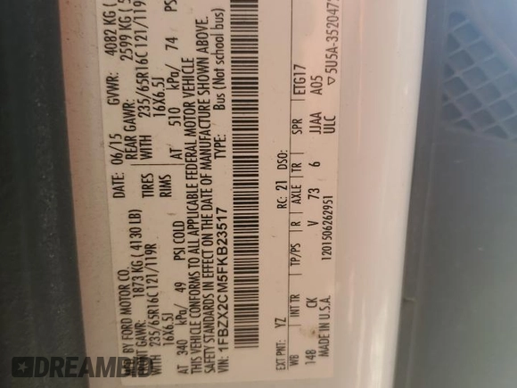2015 Ford Transit XL z VIN 1FBZX2CM5FKB23517, wystawiony jako Copart lot #72343484 z przebiegiem 92 934 mil mil oraz Szkoda całkowita • Salvage title. Historia ofert i sprzedaży dostępna na DreamBid. Obrazek 15.