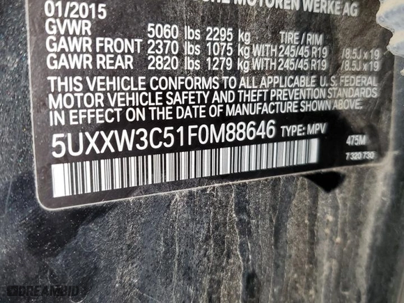 2015 BMW X4 xDrive28i with VIN 5UXXW3C51F0M88646, listed as a Copart auction lot 43432975 with 127,049 mi miles and Salvage Title. Bid and sale history available at carsss.com. Image 14.