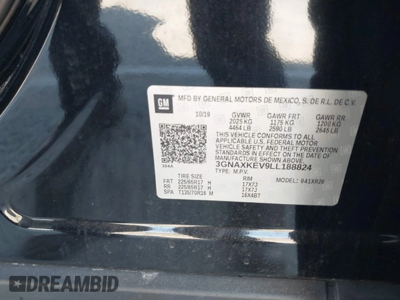 2020 Chevrolet Equinox LT with VIN 3GNAXKEV9LL188824, listed as a IAAI auction lot 41788255 with 42,727 mi miles. Bid and sale history available at carsss.com. Image 9.