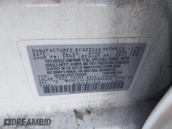 2015 Nissan Sentra SR with VIN 3N1AB7AP0FY305244, listed as a IAAI auction lot 38708504 with Not Provided miles and . Bid and sale history available at DreamBid. Image 9.