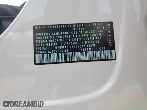 2013 Volkswagen Jetta GLI Autobahn с VIN 3VW4A7AJ2DM395295, выставлен на аукционе Copart как лот 60647345 с пробегом 198 802 миль миль и Списание • Salvage title. История ставок и продаж доступна на DreamBid. Изображение 12.