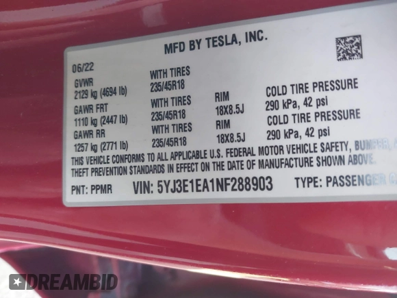 2022 Tesla Model 3 with VIN 5YJ3E1EA1NF288903, listed as a IAAI auction lot 41610215 with 96,050 mi miles and . Bid and sale history available at DreamBid. Image 9.