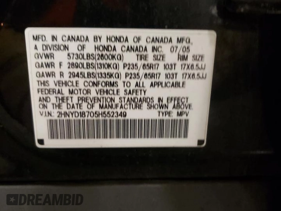 2005 Acura MDX Touring with VIN 2HNYD18705H552349, listed as a Copart auction lot 48758475 with 223,091 mi miles and Salvage title. Bid and sale history available at DreamBid. Image 13.