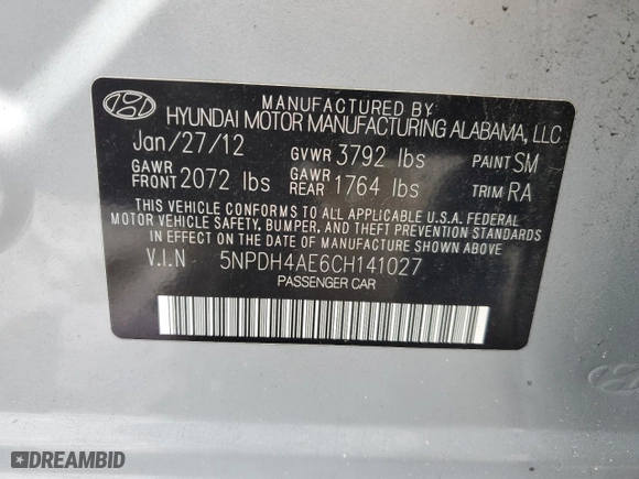 2012 Hyundai Elantra Limited with VIN 5NPDH4AE6CH141027, listed as a Copart auction lot 50680595 with 0 mi miles and Salvage Title. Bid and sale history available at carsss.com. Image 12.