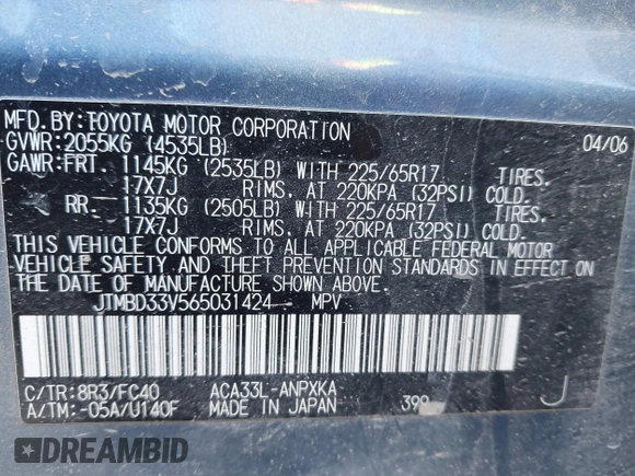 2006 Toyota RAV4 with VIN JTMBD33V565031424, listed as a IAAI auction lot 41457049 with 207,715 mi miles. Bid and sale history available at carsss.com. Image 9.