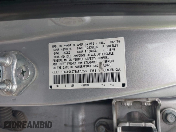2009 Honda Accord LX-P with VIN 1HGCP26479A176275, listed as a IAAI auction lot 42122354 with 238,326 mi miles and . Bid and sale history available at DreamBid. Image 9.