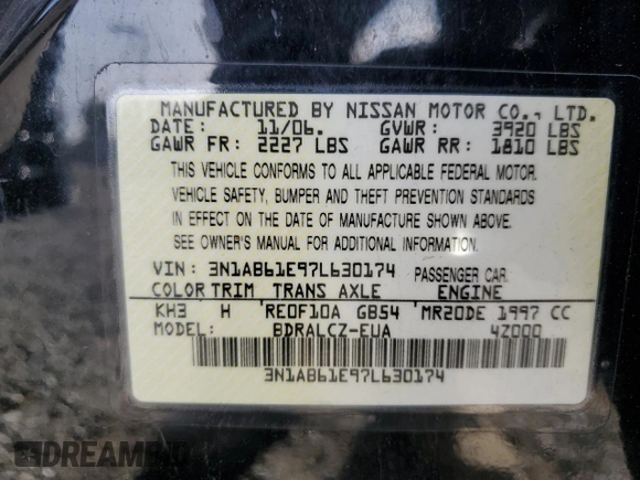 2007 Nissan Sentra 2.0 with VIN 3N1AB61E97L630174, listed as a Copart auction lot 47261465 with 138,591 mi miles and Salvage Title. Bid and sale history available at DreamBid. Image 14.
