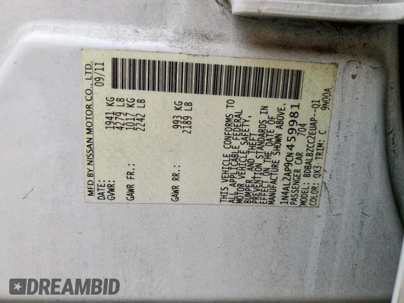 2012 Nissan Altima S with VIN 1N4AL2AP9CN459981, listed as a Copart auction lot 55184585 with 181,677 mi miles and Clean Title. Bid and sale history available at DreamBid. Image 12.