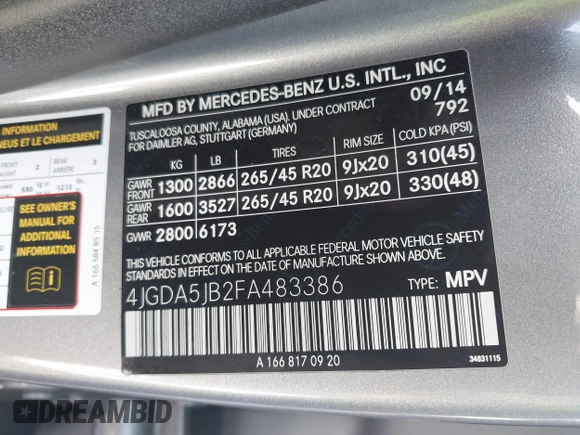2015 Mercedes-Benz M 350 with VIN 4JGDA5JB2FA483386, listed as a IAAI auction lot 42597674 with 202,833 mi miles and . Bid and sale history available at DreamBid. Image 9.