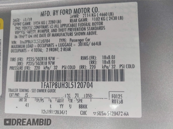 2020 Ford Mustang EcoBoost with VIN 1FATP8UH3L5120704, listed as a IAAI auction lot 41450853 with 88,351 mi miles and . Bid and sale history available at DreamBid. Image 9.