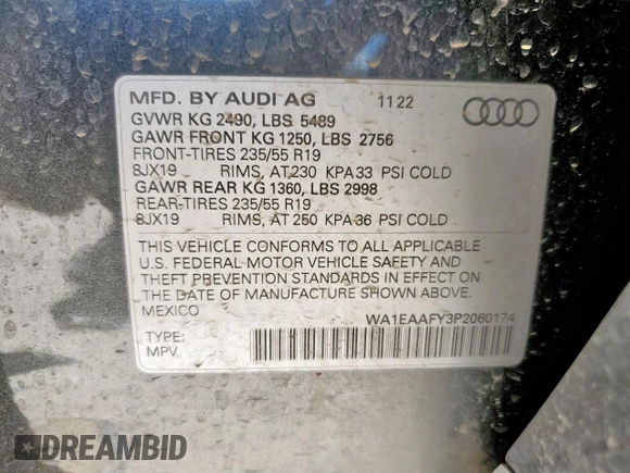 2023 Audi Q5 S line Premium Plus с VIN WA1EAAFY3P2060174, выставлен на аукционе Copart как лот 61779115 с пробегом 53 520 миль миль и Списание • Salvage title. История ставок и продаж доступна на DreamBid. Изображение 14.