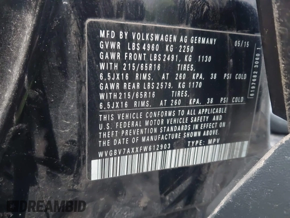 2015 Volkswagen Tiguan SE z VIN WVGBV7AXXFW612903, wystawiony jako IAAI lot #41017461 z przebiegiem 149 297 mil mil oraz . Historia ofert i sprzedaży dostępna na DreamBid. Obrazek 9.