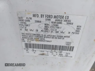 2008 Ford F-150 XL z VIN 1FTRF12W68KE70627, wystawiony jako IAAI lot #41448219 z przebiegiem Nie podano mil oraz . Historia ofert i sprzedaży dostępna na DreamBid. Obrazek 9.