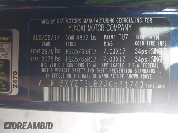 2018 Hyundai Santa Fe 2.4L with VIN 5XYZT3LB2JG531743, listed as a IAAI auction lot 42547990 with 131,958 mi miles and . Bid and sale history available at DreamBid. Image 9.