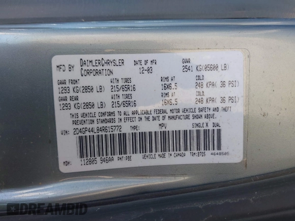 2004 Dodge Caravan SXT z VIN 2D4GP44L84R615772, wystawiony jako IAAI lot #42370805 z przebiegiem 196 850 mil mil oraz . Historia ofert i sprzedaży dostępna na DreamBid. Obrazek 9.
