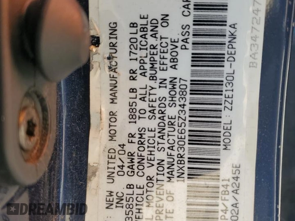 2005 Toyota Corolla CE with VIN 1NXBR30E65Z343807, listed as a Copart auction lot 53950965 with 95,260 mi miles and Clean Title. Bid and sale history available at DreamBid. Image 12.