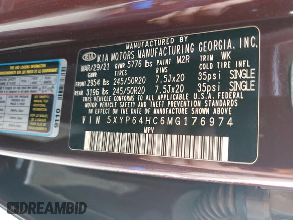 2021 Kia Telluride S with VIN 5XYP64HC6MG176974, listed as a Copart auction lot 56170455 with 66,454 mi miles and Salvage title. Bid and sale history available at DreamBid. Image 13.