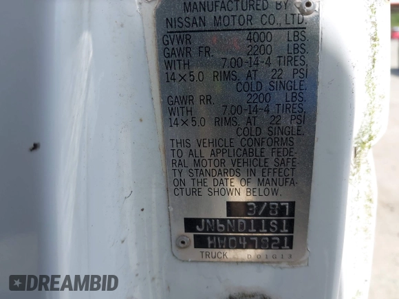 1987 Nissan Hardbody E z VIN JN6ND11S1HW047821, wystawiony jako IAAI lot #42210912 z przebiegiem 162 721 mil mil oraz . Historia ofert i sprzedaży dostępna na DreamBid. Obrazek 9.