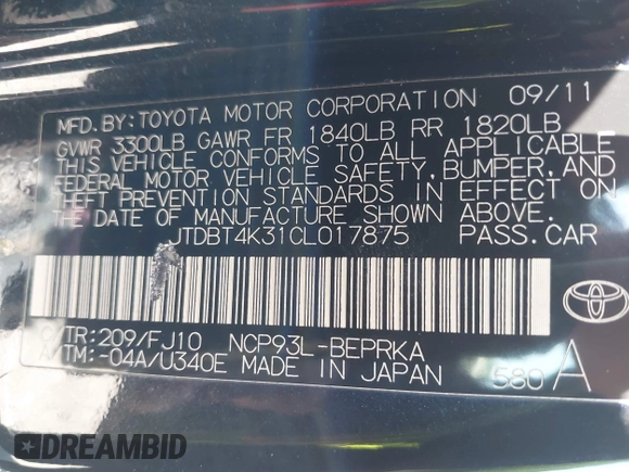 2012 Toyota Yaris z VIN JTDBT4K31CL017875, wystawiony jako IAAI lot #42384123 z przebiegiem 138 513 mil mil oraz . Historia ofert i sprzedaży dostępna na DreamBid. Obrazek 9.
