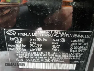 2019 Hyundai Santa Fe SE z VIN 5NMS2CAD5KH008166, wystawiony jako Copart lot #58475725 z przebiegiem 45 709 mil mil oraz Szkoda całkowita • Salvage title. Historia ofert i sprzedaży dostępna na DreamBid. Obrazek 14.