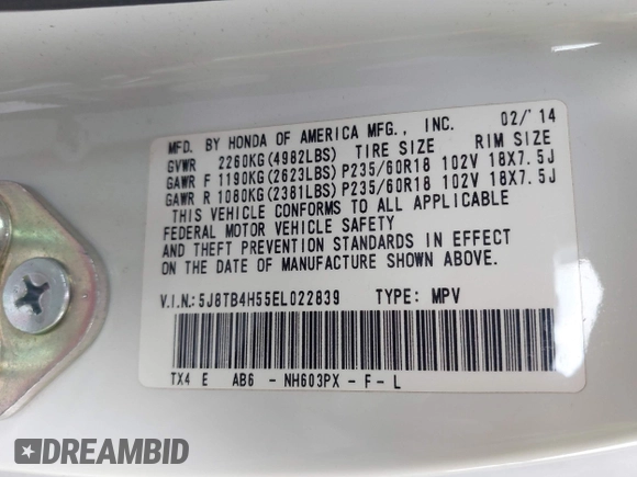 2014 Acura RDX Technology with VIN 5J8TB4H55EL022839, listed as a IAAI auction lot 42596046 with 111,705 mi miles and . Bid and sale history available at DreamBid. Image 9.