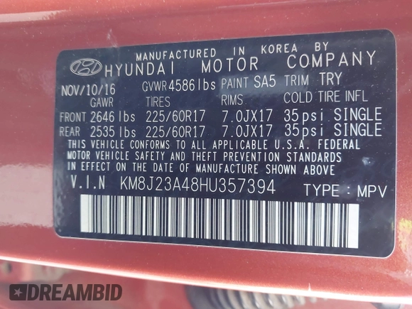 2017 Hyundai Tucson SE with VIN KM8J23A48HU357394, listed as a IAAI auction lot 41841968 with 74,769 mi miles. Bid and sale history available at carsss.com. Image 9.