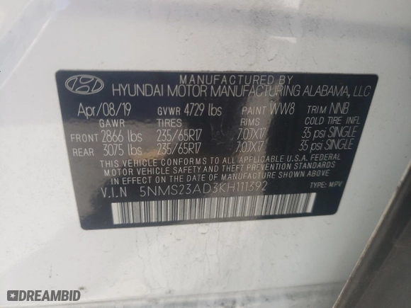 2019 Hyundai Santa Fe SE with VIN 5NMS23AD3KH111392, listed as a Copart auction lot 48485935 with 88,472 mi miles and Salvage Title. Bid and sale history available at carsss.com. Image 14.