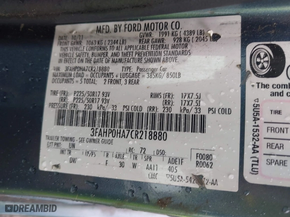 2012 Ford Fusion SE with VIN 3FAHP0HA7CR218880, listed as a IAAI auction lot 41816975 with 175,491 mi miles. Bid and sale history available at carsss.com. Image 9.