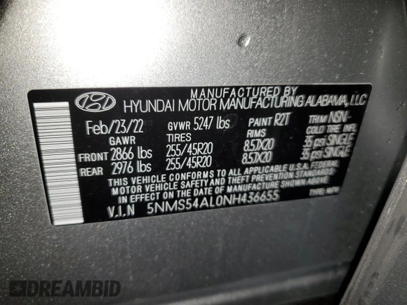 2022 Hyundai Santa Fe Calligraphy with VIN 5NMS54AL0NH436655, listed as a Copart auction lot 37753213 with 8,958 mi miles and . Bid and sale history available at DreamBid. Image 13.