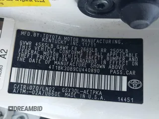 2012 Toyota Avalon with VIN 4T1BK3DB9CU440890, listed as a IAAI auction lot 41895991 with 229,692 mi miles. Bid and sale history available at carsss.com. Image 9.