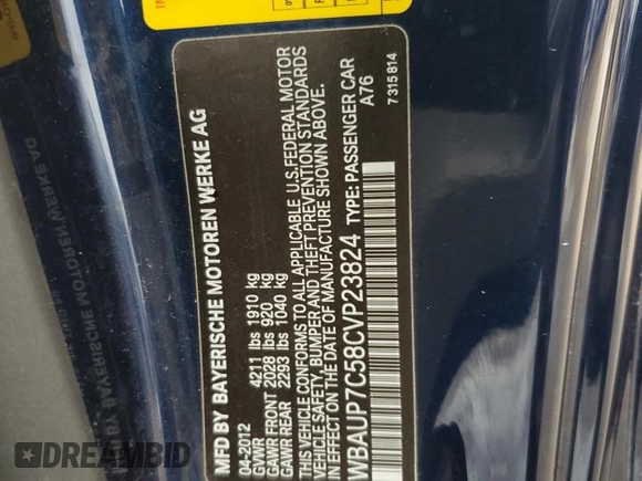 2012 BMW 1 Series 128i with VIN WBAUP7C58CVP23824, listed as a Copart auction lot 85581654 with 81,587 mi miles and Salvage title. Bid and sale history available at DreamBid. Image 12.