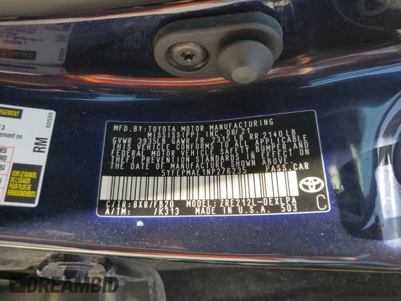 2022 Toyota Corolla LE with VIN 5YFEPMAE1NP276235, listed as a Copart auction lot 52593455 with 69,089 mi miles and Salvage Title. Bid and sale history available at carsss.com. Image 12.