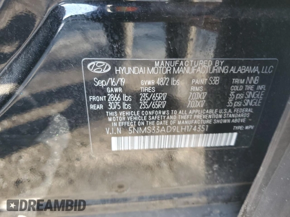 2020 Hyundai Santa Fe SEL w/SULEV with VIN 5NMS33AD9LH174351, listed as a Copart auction lot 53676955 with 70,318 mi miles and Salvage Title. Bid and sale history available at carsss.com. Image 13.