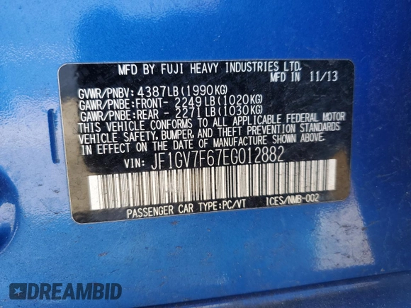 2014 Subaru WRX WRX Premium с VIN JF1GV7F67EG012882, выставлен на аукционе Copart как лот 43290214 с пробегом 96 076 миль миль и Списание • Salvage title. История ставок и продаж доступна на DreamBid. Изображение 12.
