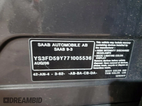 2007 Saab 9-3 z VIN YS3FD59Y771005536, wystawiony jako Copart lot #54141665 z przebiegiem 206 356 mil mil oraz Czysty tytuł • Clean title. Historia ofert i sprzedaży dostępna na DreamBid. Obrazek 14.