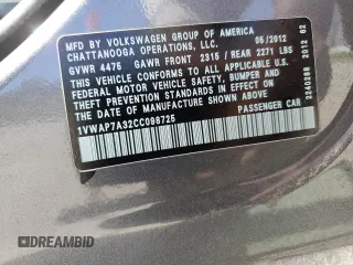 2012 Volkswagen Passat S with VIN 1VWAP7A32CC098725, listed as a Copart auction lot 53339555 with 119,084 mi miles and Salvage title. Bid and sale history available at DreamBid. Image 14.