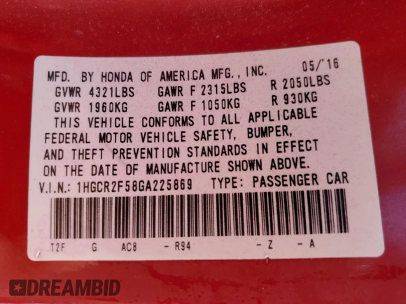 2016 Honda Accord Sport z VIN 1HGCR2F58GA225869, wystawiony jako Copart lot #58639865 z przebiegiem 197 207 mil mil oraz Szkoda całkowita • Salvage title. Historia ofert i sprzedaży dostępna na DreamBid. Obrazek 12.