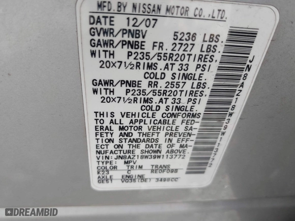 2009 Nissan Murano SL with VIN JN8AZ18W39W113772, listed as a IAAI auction lot 42067004 with 206,732 mi miles. Bid and sale history available at carsss.com. Image 9.
