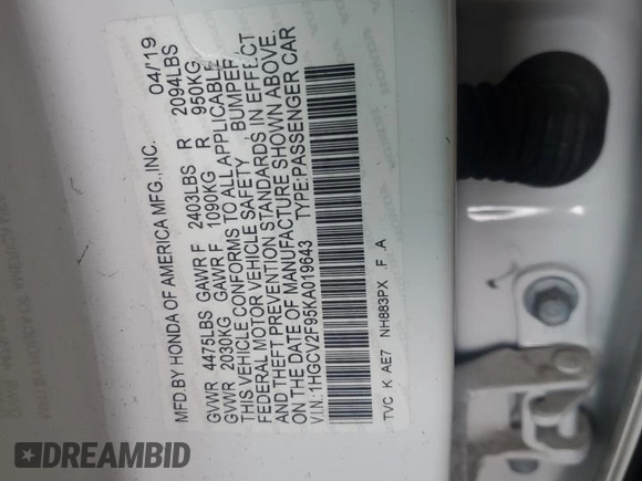 2019 Honda Accord Touring z VIN 1HGCV2F95KA019643, wystawiony jako Copart lot #60323705 z przebiegiem 98 662 mil mil oraz Szkoda całkowita • Salvage title. Historia ofert i sprzedaży dostępna na DreamBid. Obrazek 12.