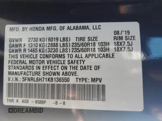 2019 Honda Odyssey EX-L with VIN 5FNRL6H71KB136550, listed as a Copart auction lot 48069595 with Not Provided miles and Salvage Title. Bid and sale history available at DreamBid. Image 13.