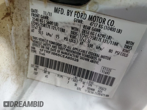 2012 Ford F-350 XL with VIN 1FTRF3B65CEA85028, listed as a Copart auction lot 50589215 with 155,949 mi miles and Salvage Title. Bid and sale history available at DreamBid. Image 12.