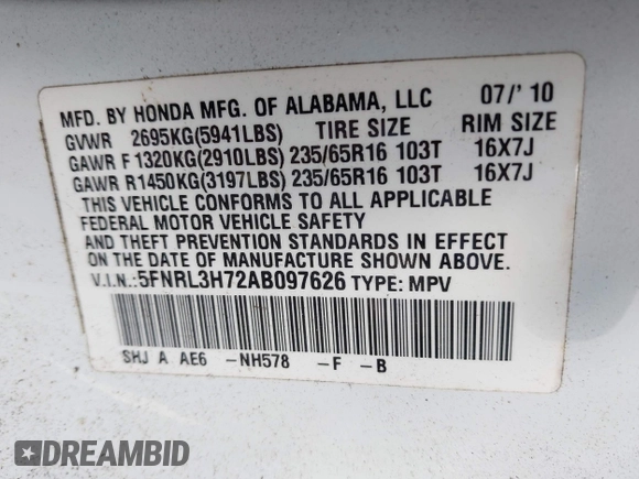 2010 Honda Odyssey EX-L with VIN 5FNRL3H72AB097626, listed as a IAAI auction lot 41971185 with 185,048 mi miles. Bid and sale history available at carsss.com. Image 9.