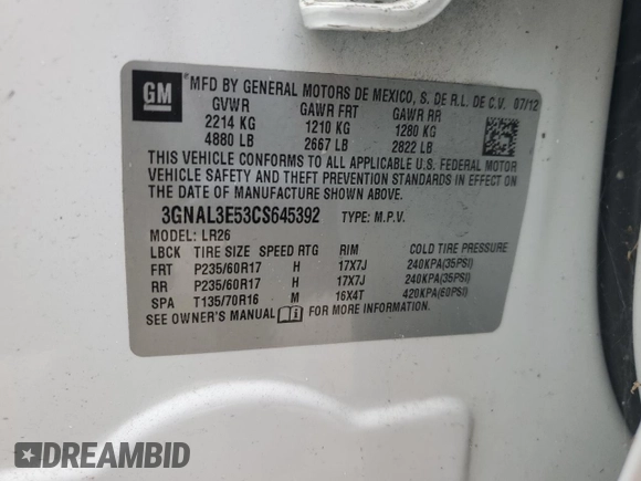 2012 Chevrolet Captiva Sport LT with VIN 3GNAL3E53CS645392, listed as a Copart auction lot 79409034 with 67,670 mi miles and Salvage Title. Bid and sale history available at DreamBid. Image 14.