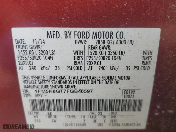 2015 Ford Explorer Sport with VIN 1FM5K8GT7FGB46597, listed as a Copart auction lot 49810195 with 131,100 mi miles and Salvage Title. Bid and sale history available at carsss.com. Image 13.