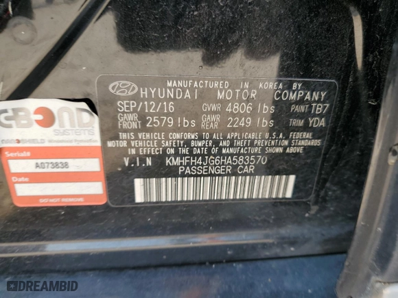 2017 Hyundai Azera Limited with VIN KMHFH4JG6HA583570, listed as a Copart auction lot 68673544 with 152,732 mi miles and Salvage Title. Bid and sale history available at carsss.com. Image 12.