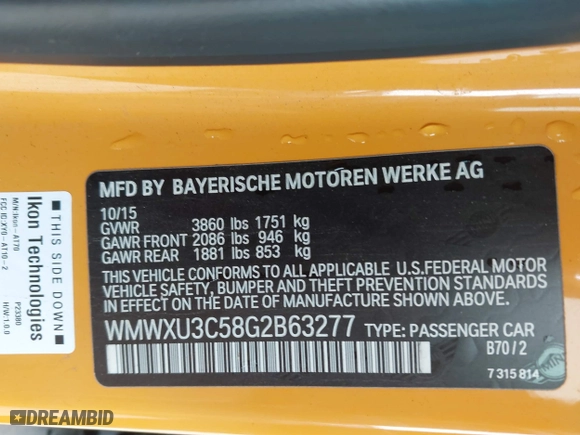 2016 MINI Cooper Hardtop 4 Door S with VIN WMWXU3C58G2B63277, listed as a IAAI auction lot 41566817 with 98,195 mi miles. Bid and sale history available at carsss.com. Image 9.