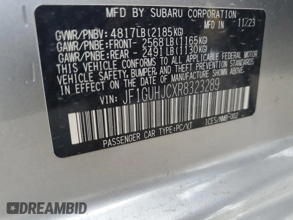 2024 Subaru Impreza RS with VIN JF1GUHJCXR8323289, listed as a Copart auction lot 59922304 with 1,699 mi miles and Salvage Title. Bid and sale history available at carsss.com. Image 13.