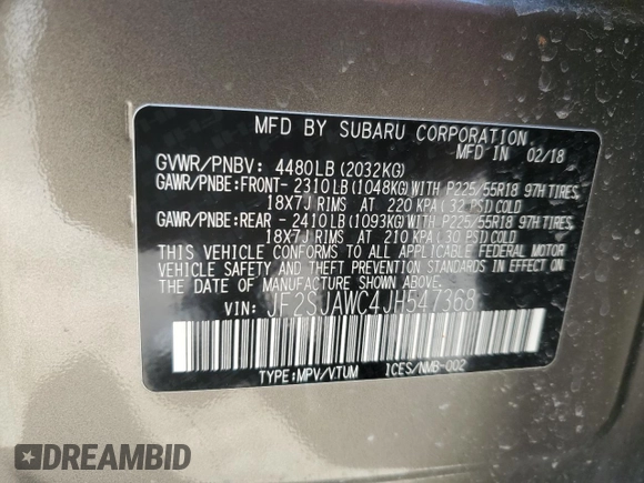2018 Subaru Forester Touring with VIN JF2SJAWC4JH547368, listed as a Copart auction lot 54845025 with 41,629 mi miles and Salvage title. Bid and sale history available at DreamBid. Image 14.